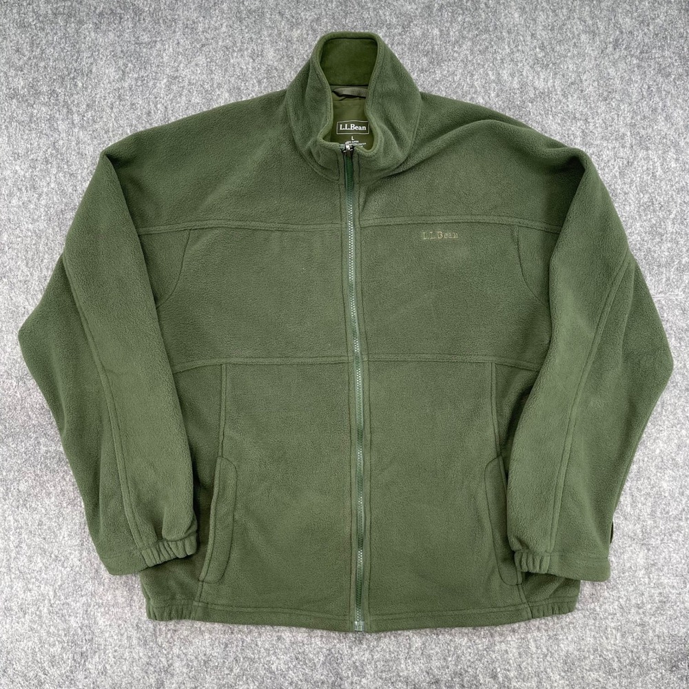 LL Bean Jacket Large Mens Full Zip Fleece Olive Green Mock Neck Logo Outdoor